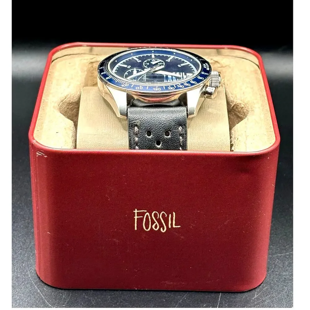 Fossil Field Scout BQ2065 Chronograph Blue Dial Black Leather Men’s 44mm Watch